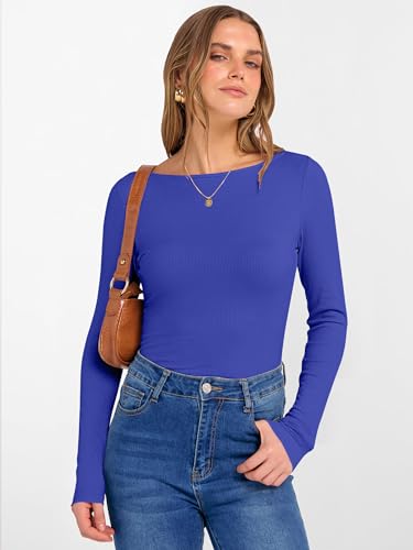 Image of ANRABESS Women's Boat Neck Long Sleeve Shirts Rib Knit Slim Fitting Tops Basic Tees 2026 Casual Comfy Fall Outfits Clothes