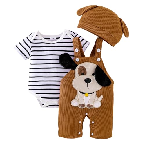Image of FOCUTEBB Baby Boy Clothes Short Sleeved Cute Cartoon Romper + Shorts + Hat Overalls Suspender for Boys 3 Pcs 0-18 Months