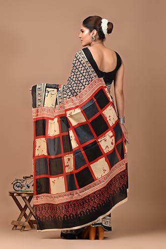 Image of Crafts Moda Hand Block Ajrakh Print Cotton Saree for women with Blouse | Soft comfortable wear sari