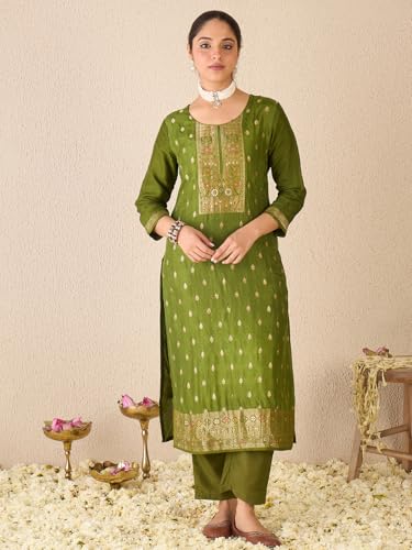 Image of INDO ERA Women's Straight Silk Blend Ethnic Motifs Printed Kurta & Pant With Dupatta Set (IESTR10385)