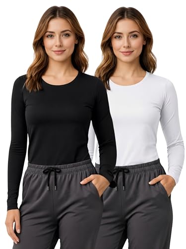 Nautica Underscrub Long Sleeve Women 2 Pack Soft Scrub Undershirts for Nurses Crew Neck Comfort Tee Black/White