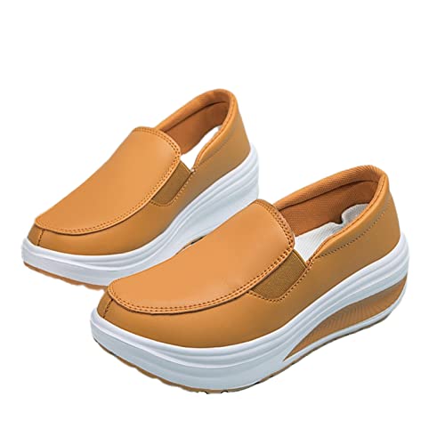Image of Women's Platform Wedge Slip-On Loafers,Comfortable EVA Sole Round Toe Leather Moccasin Wedge Sneakers.