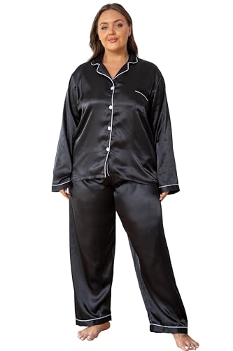 Vozanet Women's Plus Size Button Down Pajama Sets Satin Silky Long Sleeve Long Pants Sleepwear Loungewear Nighty XL to 5XL