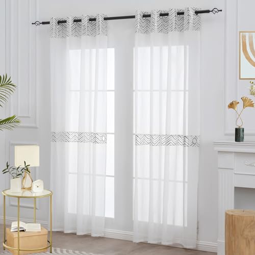 L.Z.E Silver and White Sheer Curtains for Living Room 89-90 Inch Drop with Eyelet Silver Curtains & Drapes for Bedroom 225 cm Long Transparent Window Sheers with Tiebacks Grommet Top - Image 2