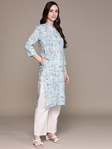 Image of anubhutee Women's Viscose Rayon Blue Ethnic Motifs Printed Straight Kurta