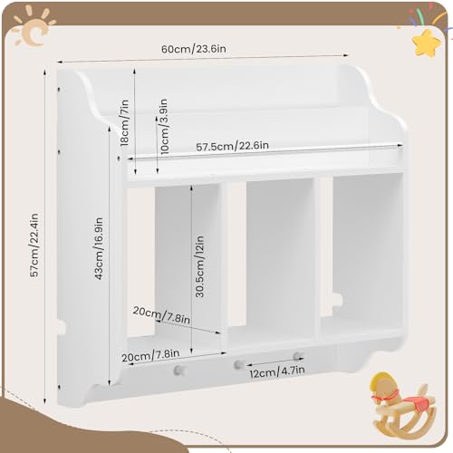 WOLTU Estantería Pared para Niños, Librería Infantil Flotante, Estantes de Pared con 3 Compartimentos y 4 Ganchos de Pomo, para Guardería, Habitación Infantil y Sala de Juegos, Blanco - imagen 3