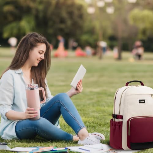 Image of LOVEVOOK Laptop Backpack for Women with Pouch Pocket for Large Capacity Cup,18 Inch Teacher Nurse College Work Backpack Purse,Waterproof Laptop Bag Computer Back Pack for Travel, Beige-Red-Black