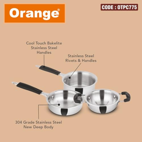 Image of ORANGE Triply Toddler Cookware Set /Gift Set (3 Pc) - Kadai, Fry Pan & Sauce Pan | 2.5mm Thick, Gas Stove Compatible | Heavy Bottom, Cool Touch Handle | Ideal for Baby Food | 5 Year Warranty