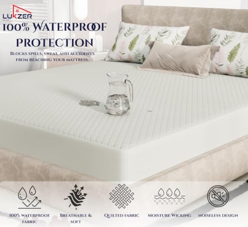 Image of Lukzer 100% Waterproof Quilted Mattress Protector Mercury King Size 78 x 72 Inches (6.5 x 6 ft) Cotton-Feel Bed Protector Noiseless Hypoallergenic Breathable Elastic Fitted Mattress Cover /Bed Cover