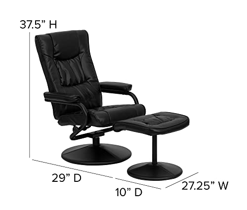 Offex Contemporary Black Leather Recliner And Ottoman With Leather Wrapped Base #TOP2