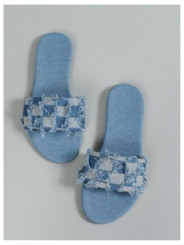 OYOANGLE Women's Plaid Denim Flat Sandals Vintage Raw Trim Open Toe Non Slip Jean Slide Sandals2