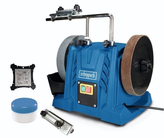 Scheppach Affûteuse à eau TIGER 5000S | Moteur à induction 150W, Meule en corindon supérieur de Ø 200mm, Dispositif universel | Pâte à poncer | Disque à poncer en cuir | Jauge d'angle