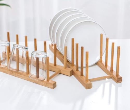 Image of CURATED CART Wooden Plate Organiser for Kitchen | Plate Stand Rack for Decor | Cabinet Plate Holder | 8 Adjustable Slots for Plates, Cup, Bowl & Dish Storage | Bamboo Wood c | Pack of 2