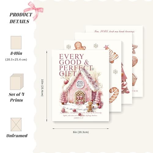 Image of LARTSFRO Coquette Pink Christmas Gingerbread House Gifts Wall Art Decor Posters, Cute Christmas Gingerbread Man Christian Room Bathroom Bedroom Dorm Wall Art Decor Aesthetic for College Teen Girls Gifts, Inspirational Bible Verses Gingerbread Wall Decor, 10x8 Inch Set of 4 Pcs Christmas Pictures (UNFRAMED)