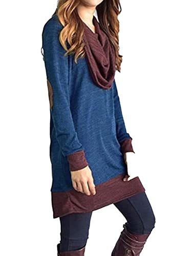 Image of Famulily Women's Cowl Neck Tops Two Tone Color Block Pullovers Elbow Patchs Loose Long Tunic Blouse
