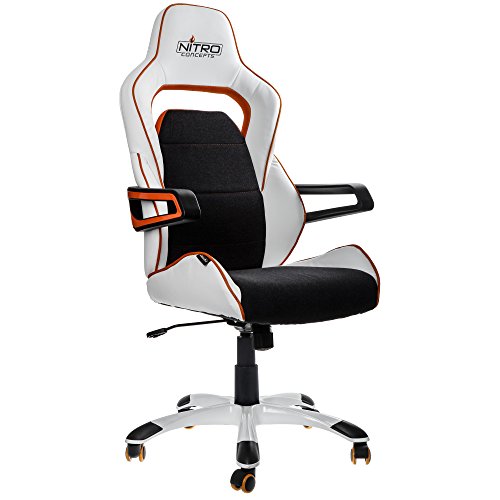 NITRO CONCEPTS E200 Race Silla de Juego - Oficina - Cuero sintético - Acolchado de espuma fría - 120 kg - Diseño de asiento de carreras - Blanco/Negro/Naranja