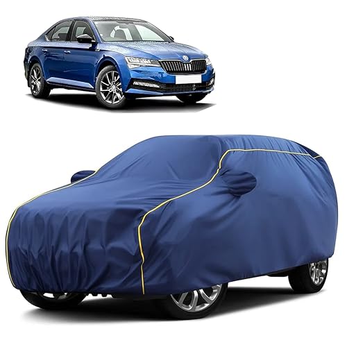 Image of Sulfar 100% Water Resistant Car Body Cover Compatible with Mirror for Skoda Superb (Triple Stitched, Full Bottom Elastic, Blue Taffeta with Yellow Piping)