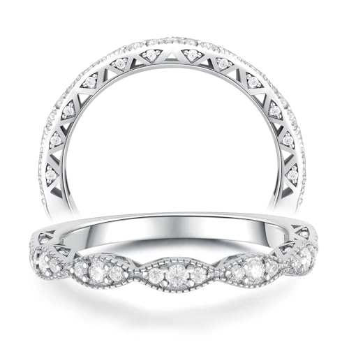 RINEY&KY Moissanite Rings for Women VVS Sterling Silver Stackable Wedding Bands Non Tarnish White Gold Plated Hypoallergenic Certified Lab Diamond Eternity Band Size 5-10US
