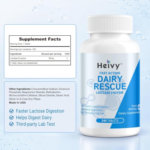 Image of Heivy Lactase Enzyme 9000 FCC, 240 Tablets | 1 Per Serving, Made in USA GMP Certified Facility, Allergen Free, Digestive Support for Lactose Intolerance