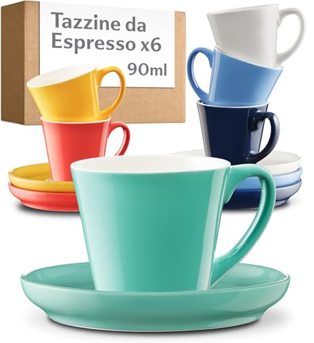 Cosumy Set di 6 Tazzine Caffè Colorate con Piattini in Ceramica - Lavabili in Lavastoviglie - Con Scatola Regalo - Set Tazze, Set Tazzine Caffe Particolari Tazzina Caffè, Tazzine Caffe - 70ml