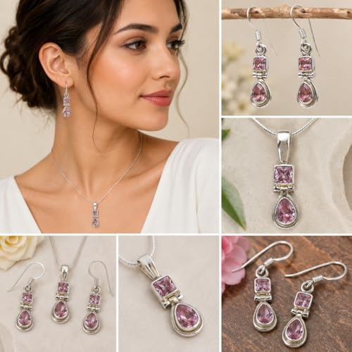 Juego de joyas de cuarzo rosa en alta joyería de plata de ley 925 pulida 2