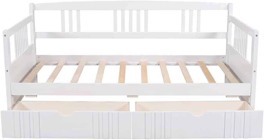 Daybed Sofa Bed for Kids Furniture, Pinewood Bed Frame with Guardrails and Wood Slats, Pull Out Storage Drawers with Wheels Twin,White