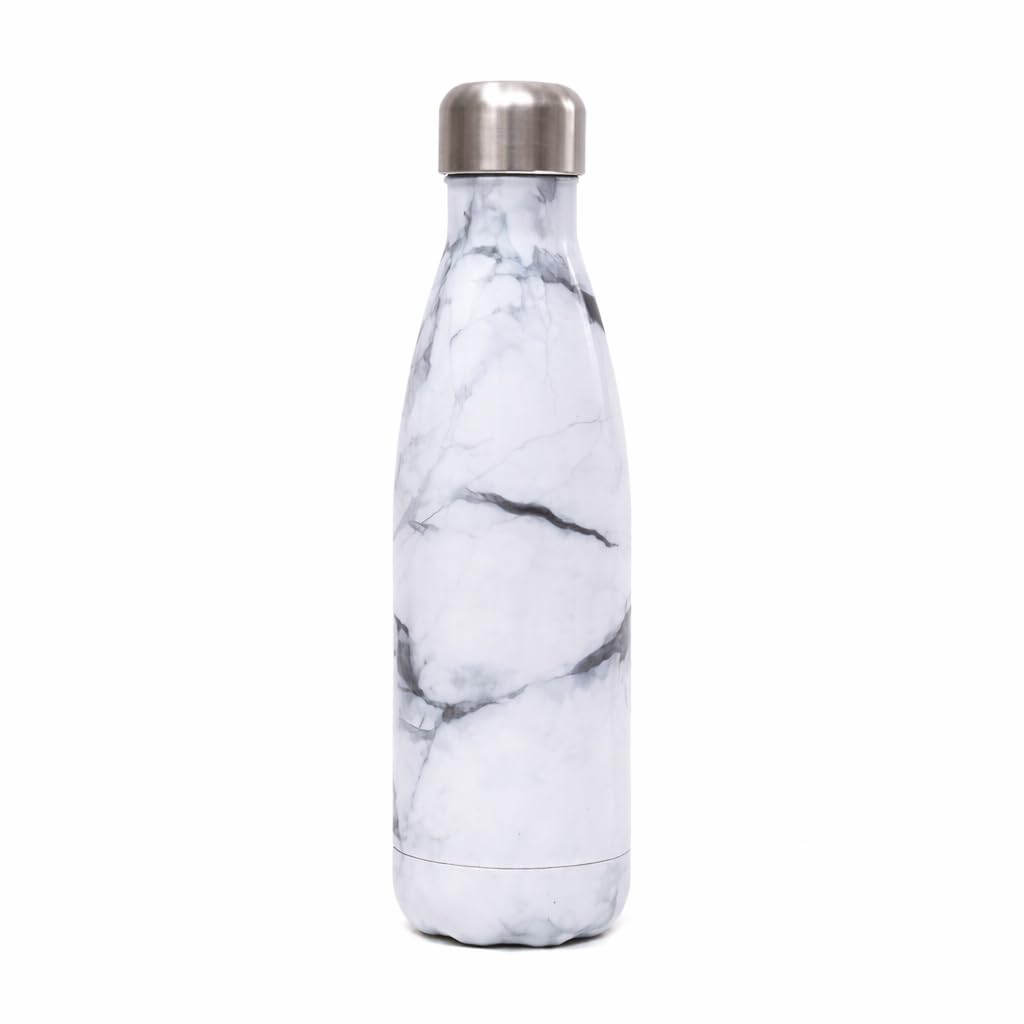 Just Giftz | Insulated Stainless Steel Water Bottle 500ml – Double Wall Vacuum Flask | Keeps Drinks Hot 12Hr & Cold 24Hr | Leak Proof, No Sweat, BPA Free | Reusable Travel Bottle – White Marble