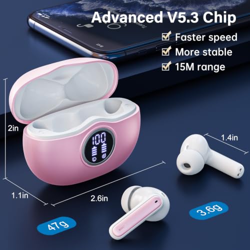 Image of Wireless Earbuds, Bluetooth 5.3 Headphones HiFi Stereo 50H Playback LED Digital Display Ear Buds with ENC Noise Canceling Headset, IPX7 Waterproof Earphones for Gym /Running /Work（Pink）