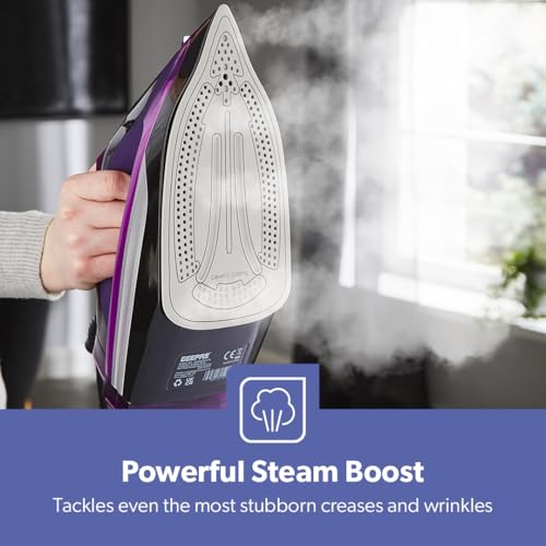GEEPAS Steam Iron | Clothes Dry & Steam Press | 35s Fast Heat-Up, Vertical Steaming | Ceramic Soleplate & Adjustable Temperature | 480ml Water Tank 0.9g/Steam Output | 2 Year Warranty 3000W Purple
