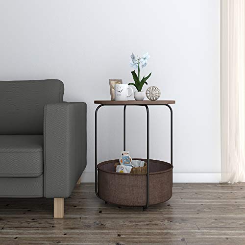 Lifewit Round Side Table End Table Industrial Coffee Table Nightstand with Storage Basket, Wood Look Accent, 18.9 × 18.9 × 23.6 in