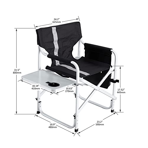 RGkuti 2-Piece Padded Folding Outdoor Chair with Side Table and Storage Pockets,Lightweight Oversized Directors Chair for Indoor, Outdoor Camping, Picnics and Fishing,Black/Grey