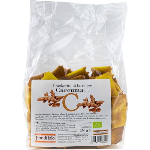 Fior di Loto Crackers di farro e curcuma al forno – Senza olio di palma con olio di semi di girasole – Snack croccante e saporito per pause o aperitivi – 250 g