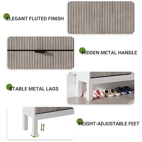 GarveeHome Fluted Shoe Storage Cabinet with 4 Flip Drawers, Narrow Wooden Shoe Organizer with Metal Legs, Modern Farmhouse Hidden Shoe Rack for Entryway, Hallway, White+Gray