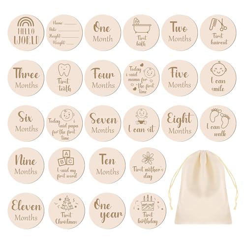 Partideal 13pcs Baby Monthly Wooden Cards 10cm Round Wooden Baby Monthly Milestone Cards and a storage bag, Baby Growth and Pregnancy Growth Cards Milestone Wooden Circles Milestone Cards-Double Sided