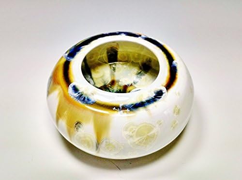 Handmade Pottery Crystalline Pottery Crystalline Glaze Ceramic Glazed Bowl With Blue and Gold Crystals Over White Porcelain