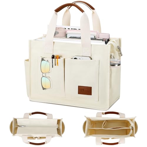 KKXIU Large Canvas Tote Bag for Women with Zipper and Compartments Crossbody Work Bible Messenger Purse Bag With Pockets - Plus Beige