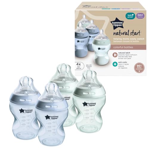 Image of Tommee Tippee Natural Start Anti-Colic 9 oz BPA Free Baby Bottles, 0+ Months, Slow Flow Breast-Like Nipple, Self Sterilizing, Seamless Transition Between Bottle & Breast, Blue & Green, Pack of 4 | Pack of 4, Slow Flow Breast-Like Nipple, Self-Sterilizing, Seamless Bottle-to-Breast Transition, Blue & Green, BPA Free
