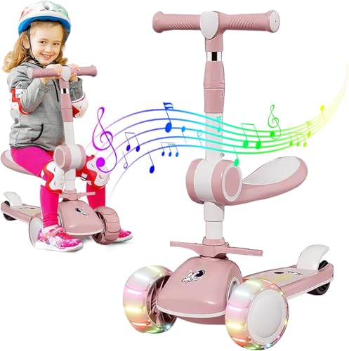 Scooters, Toy Glückluz Kick Scooter con Asiento Desmontable,Ruedas LED Extra Anchas, Altura Ajustable,Plegable,Inclinable,Antideslizante, Niñas y niños de 2 a 14...