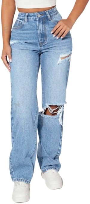 High-Waist Straight-Leg Denim Jeans with Distressed Details and Pockets – Casual and Comfortable Fit