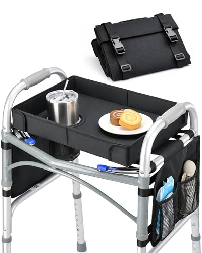 FANGSUN Walker Tray for Folding Walker – Foldable Tray for Walkers with Side Pockets & Cup Holder, Spill-Proof, Easy Install with Straps, Fits Rolling Walkers with Side Bars, for Meals & Drinks