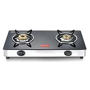 Prestige Marvel Plus Stainless Steel 2 Brass Burner Manual Glass Top Gas Stove, GTM 02 SS (Black)