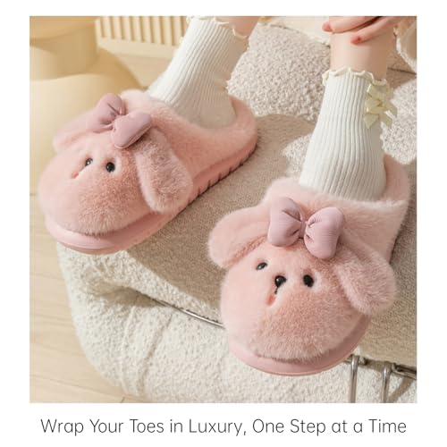 Fluffy Cute Puppy Warm Fuzzy Cartoon Adorable Dog Design with Bow Slippers Comfy Autumn Winter Indoor Outdoor Slippers3