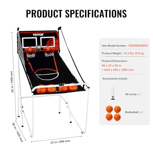 VEVOR Foldable Basketball Arcade Game, 2 Player Indoor Basketball Game, Home Dual Sport with 4 Balls, 8 Game Modes, LCD Electronic Scoreboard, and Inflation Pump, for Kids, Adults
