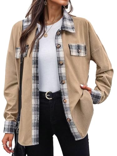 Image of Flamingals Womens Flannel Corduroy Button Down Shirts Plaid Decor Long Sleeve Casual Blouse Tops Brown L