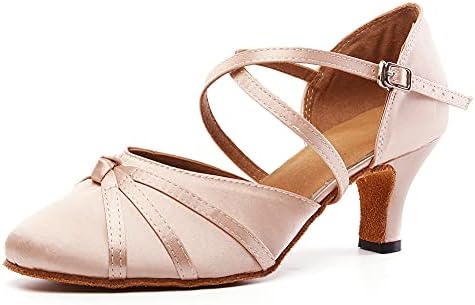 VCIXXVCE Women's Smooth Ballroom Dance Shoes Closed Toe Satin Nude 2 1/3" Heel Ladies Latin Salsa Waltz Dancing Shoes,6 US