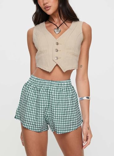 Image of Chunoy Women's Plaid Boxer Shorts Summer Casual Gingham Pajama Bottoms Short with Pockets