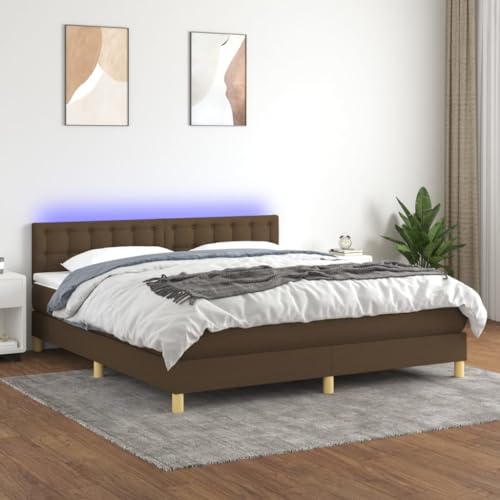 KLYEON Cama Box Spring con colchón LED Tela marrón Oscuro 180x200 cm Camas y somieres