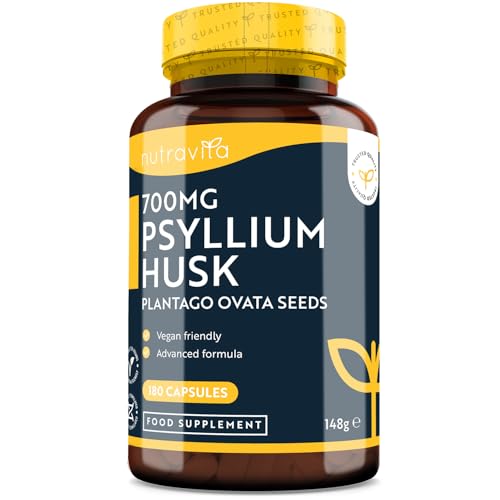 Fibra di Cuticola di Psillio 700mg – 180 Capsule Vegane – 1400mg di Bucce di Psillio per Dose – Psyllium Ricavate da Puri Semi di Plantago Ovata - Prodotto nel Regno Unito da Nutravita