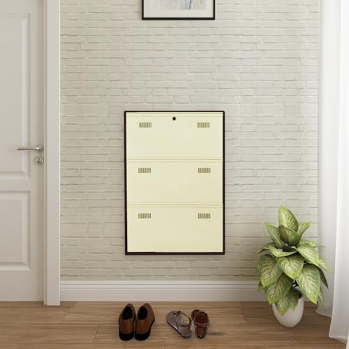 Image of Metal Shoe Rack Wall Mounted for Home with Central Locking 3 Door 28 inch Wall Mounted Metal 9 Pair Shoe Rack Cabinet Pre-Assembled Rack Shelves|3 Year Warranty (Brown & Ivory)