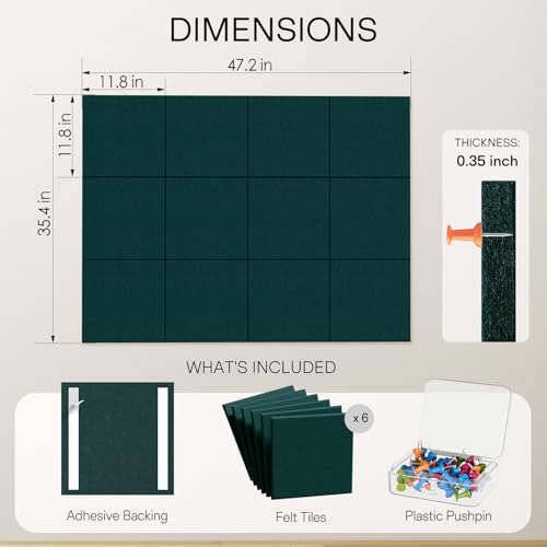 Image of MaxGear Felt Bulletin Board 48 inch x 36 inch, Dark Green Felt Wall Tile Wall Decor
